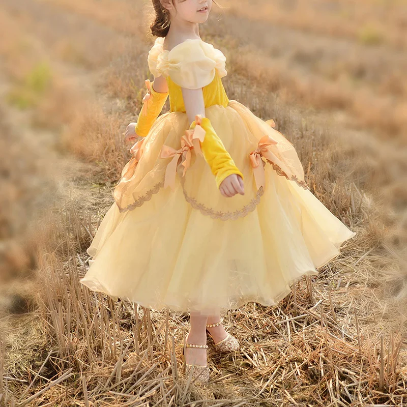 

Newest Fashion Toddler Girl Spring And Autumn Children Banquet Dress Girls Shoulderless Lace Flower Dress Kids Bow Clothes 2021