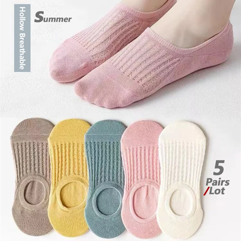 

Женские невидимые носки-лодыжки No Show, летние сетчатые однотонные карамельные силиконовые 5 пар Нескользящие лодыжки низкий вырез, женские х...