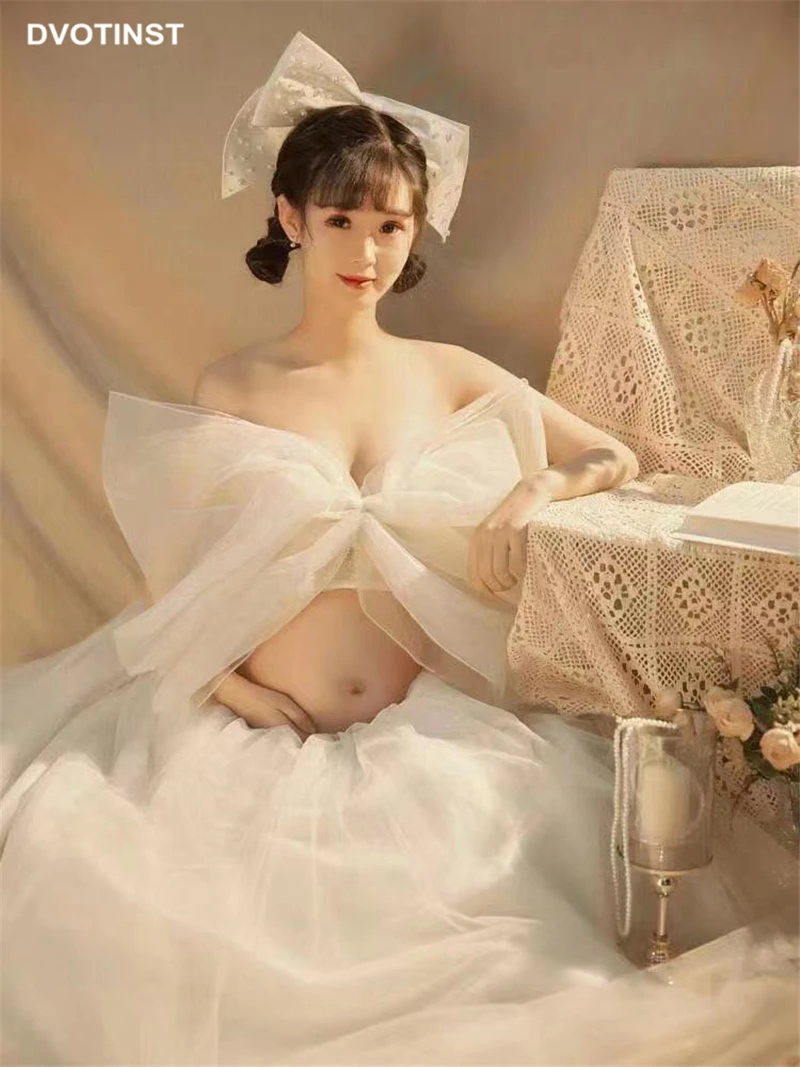 Dvotinst Women Photography Props White Elegant Bow-knot Maternity Dresses Pregnancy Dress Headband Studio Shooting Photo Props enlarge