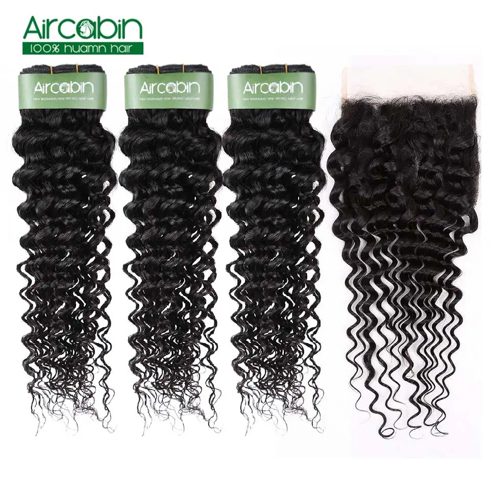 Brazilian Deep Wave Bundles With 5x5 Closure Remy Hair Bundles And Swiss Lace Closure Aircabin Human Hair 3 Bundles With Closure - Цвет: Естественный цвет