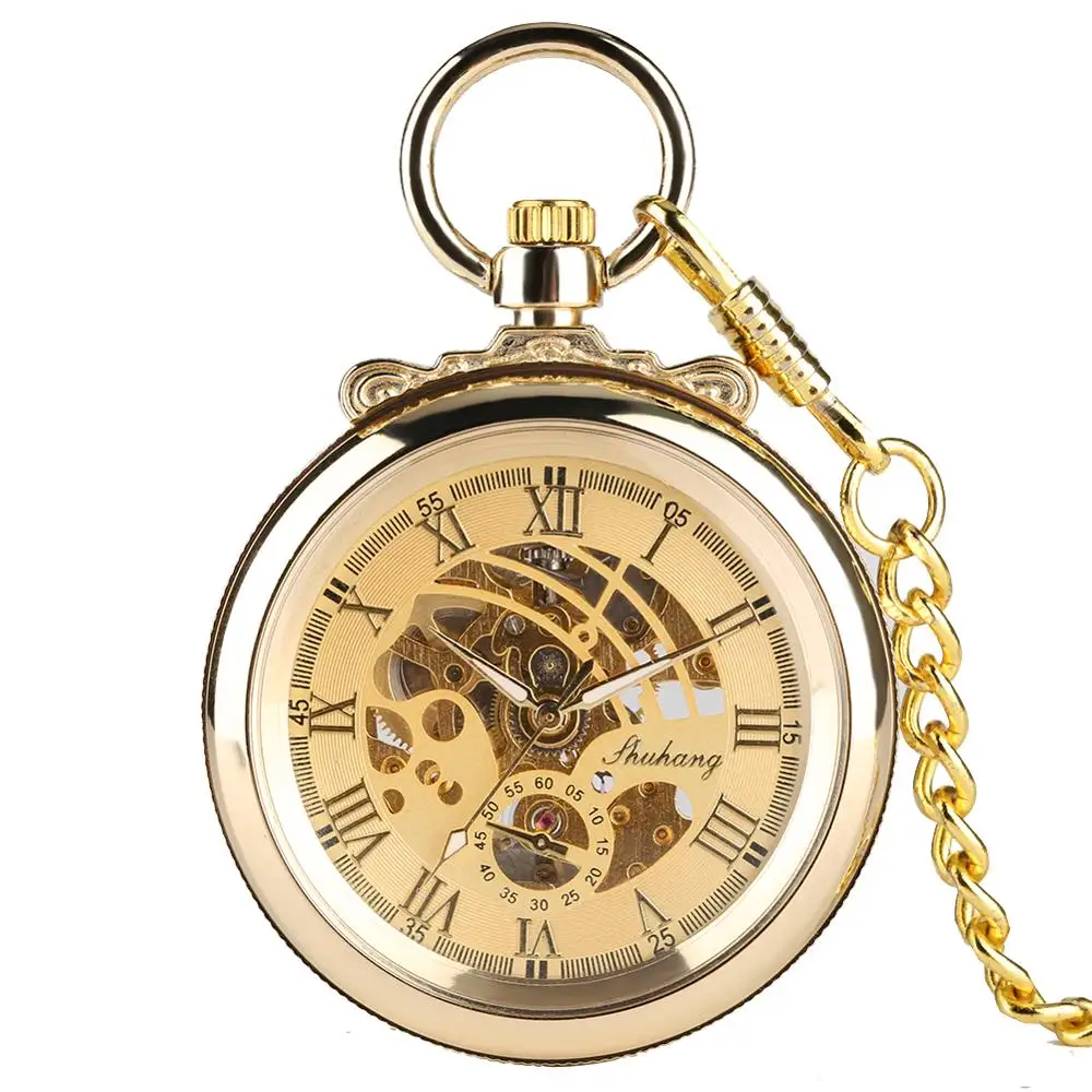 

Royal Gold Open Face Mechanical Pocket Watch Roman Numerals Skeleton Display Jewelry Watches Chain Clock Women reloj de bolsillo