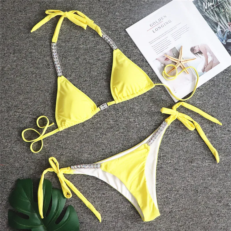 Peachtan треугольный бикини со стразами неоновый желтый купальник для женщин купальники стринги Купальный костюм бандаж купальник Женская пляжная одежда - Цвет: 2215-2