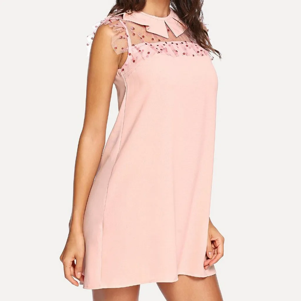 Летнее платье мини для женщин модное без рукавов отложной Воротник майка точка