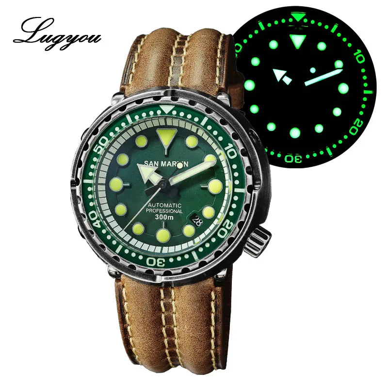 Leather Green Lugyou Сан Мартин тунец часы черный старение автоматические NH35 мужские дайвинг часы нержавеющая сталь 30 бар водонепроницаемый сапфир Дата Окно - Цвет: Leather Green