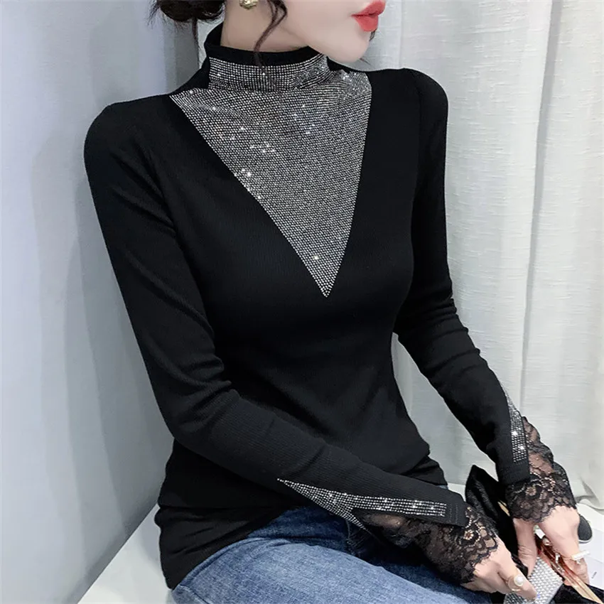 

Bright T-Shirt Korean Clothes Shiny Women High Neck Diamond Tops Bottoming Shirt All Match Tees Shirt Femme Pullover