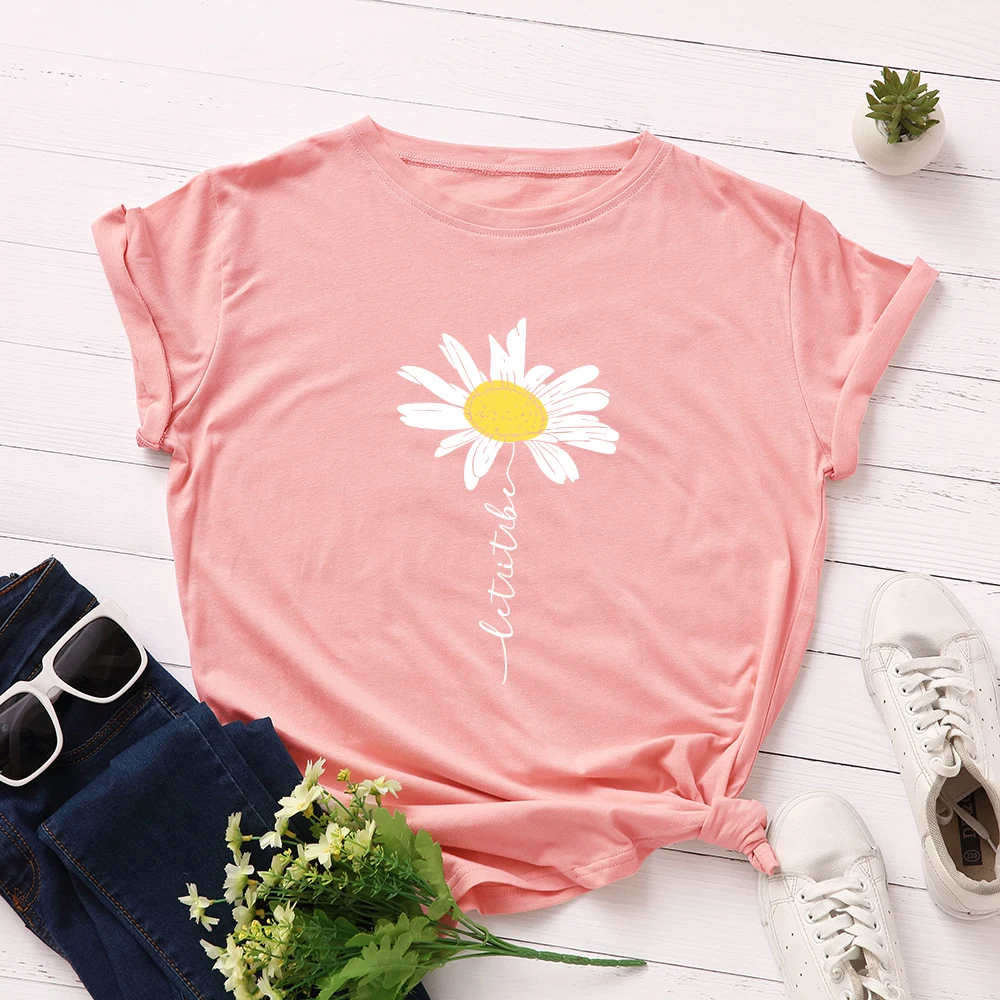 

Women Short Sleeve Cotton T-Shirts Big Flowers Graphic Tees Summer Tee Tops for Female Mutil Color Casual Oversized Tee Clothes