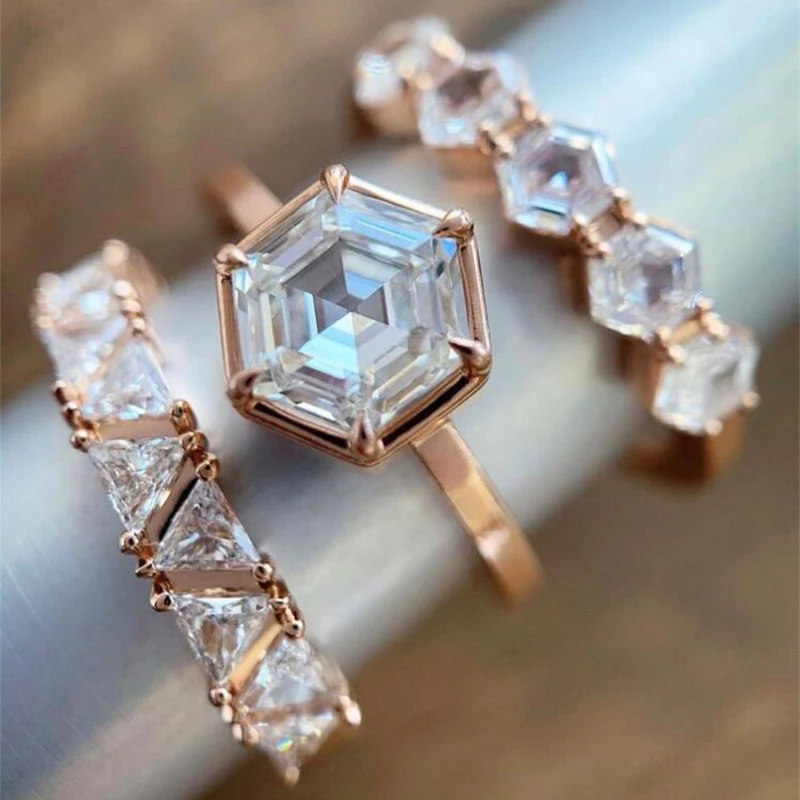 

3 Pcs/Set Trendy Hexagon Zircon Rings For Women Luxury Rose Gold Color Female Jewelry Engagement Party Accessories Birthday Gift