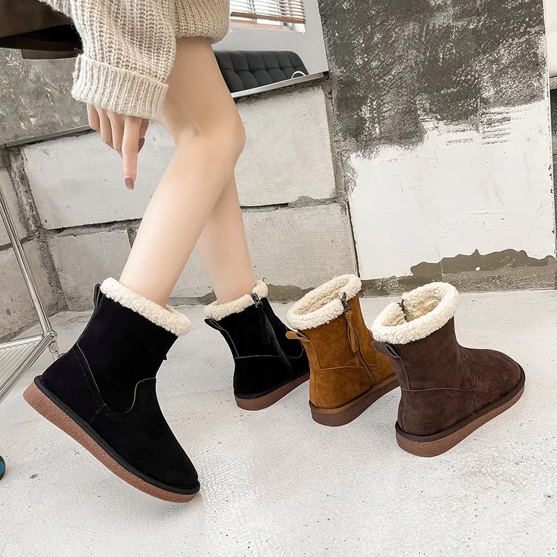 

Матовые мягкие кожаные тонкие сапоги, короткие сапоги, женские зимние сапоги, плюшевая утолщенная теплая хлопковая обувь для женщин, одното...