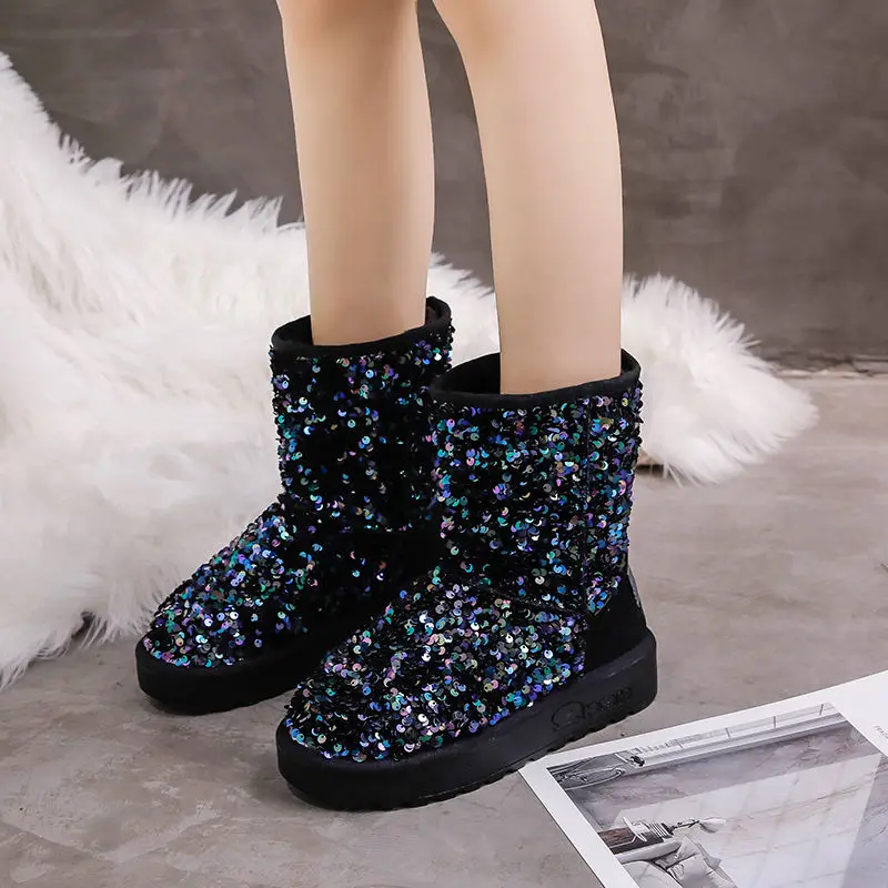 

Women's Colorful Sequined Snow Boots Bottom Non-Slip Ankle Thickened Fleece-Lined Mid Insulated Cotton-Padded Shoes