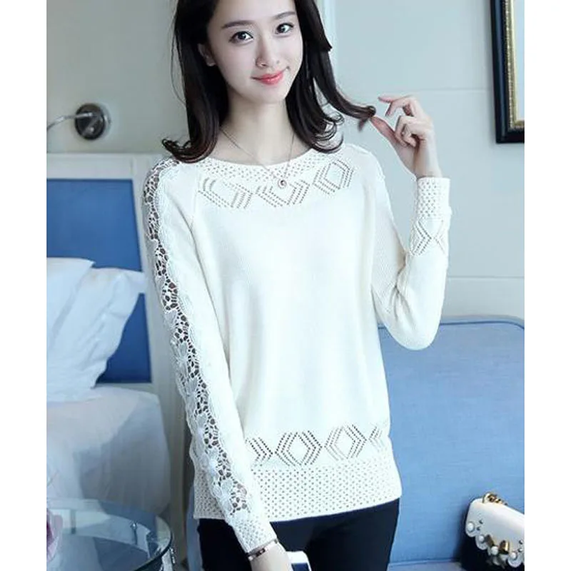 Women sweater thin 2020 spring and autmn female openwork long-sleeve short pullovers knitted shirt teenager girl pink black red | Женская