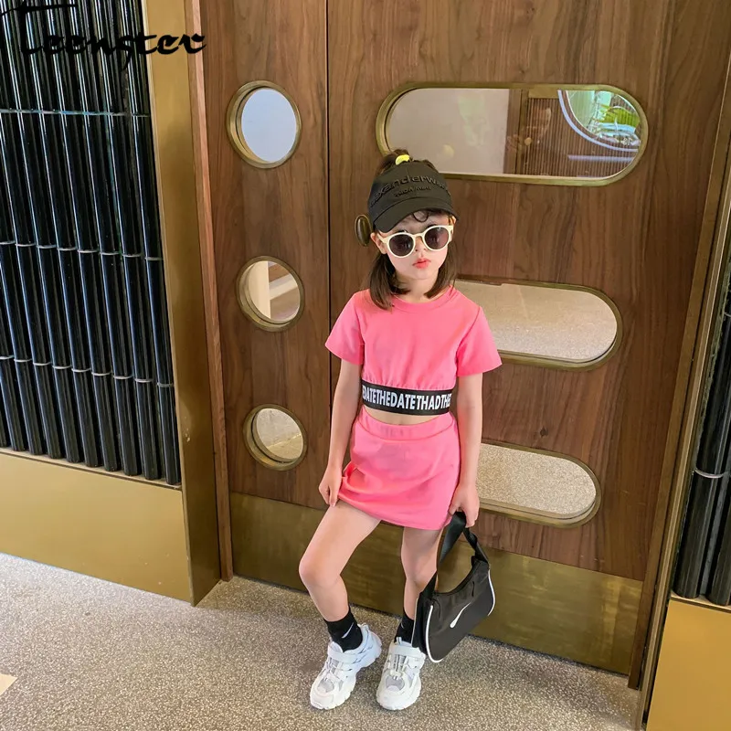 

Teenster Summer Fashion Kids Clothes Korean Tracksuits Crop Top&letter Skirt Holiday Little Girls Clothing Set Children Outfits