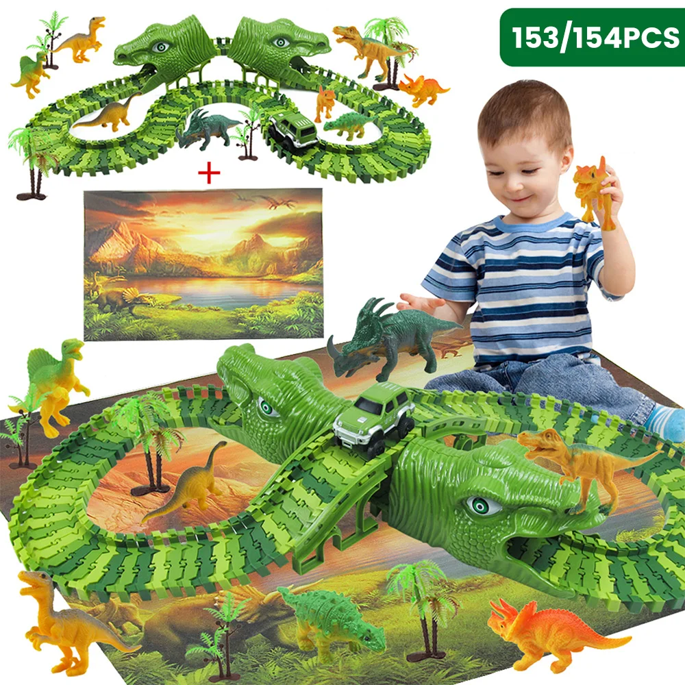 

153pcs Dinosaur Railway Car Track Racing Track Toy Set Bend Flexible Racing Electric Rail Car Toy DIY Assembly Playset Kids Gift