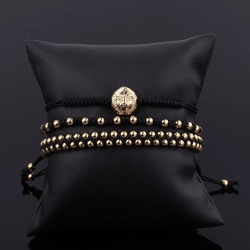 

Top Quality New Design Stainless Steel Beads Woven Cord Lion Charm Adjustable Macrame Bracelet Set For Men