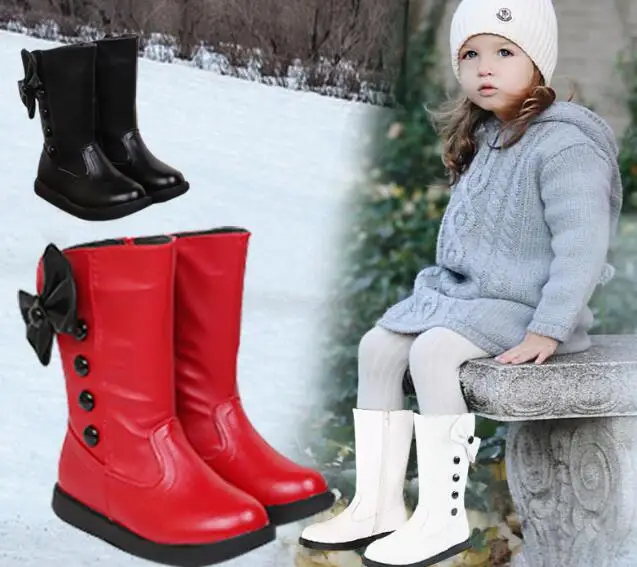 Кожаные ботинки для девочек теплые однотонные сапоги с круглым носком на плоской