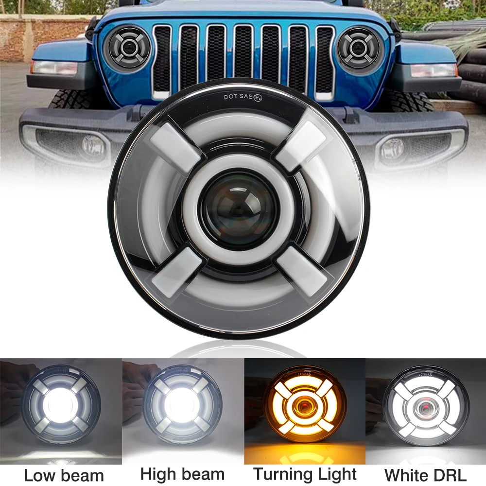 OKEEN-faros LED redondos de 7 pulgadas, luz de señal de giro, Halo blanco, ojo angular, para Jeep Wrangler JK TJ CJ LJ Land Rover Defender