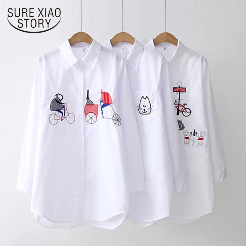 2022 New White Shirt Casual Button Up Turn Down Collar Female Blouse Long Sleeve Cotton Blouse Embroidery Blouse Lady 5083 50