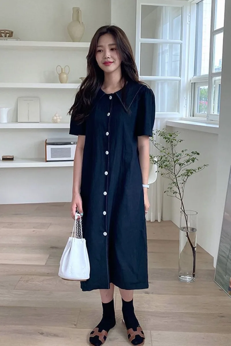 

Women Korean Style Chic French Dress 2021 Spring and Summer Solid Colour Sailor Collar Dress Lace-up Single-Breasted Long Dress