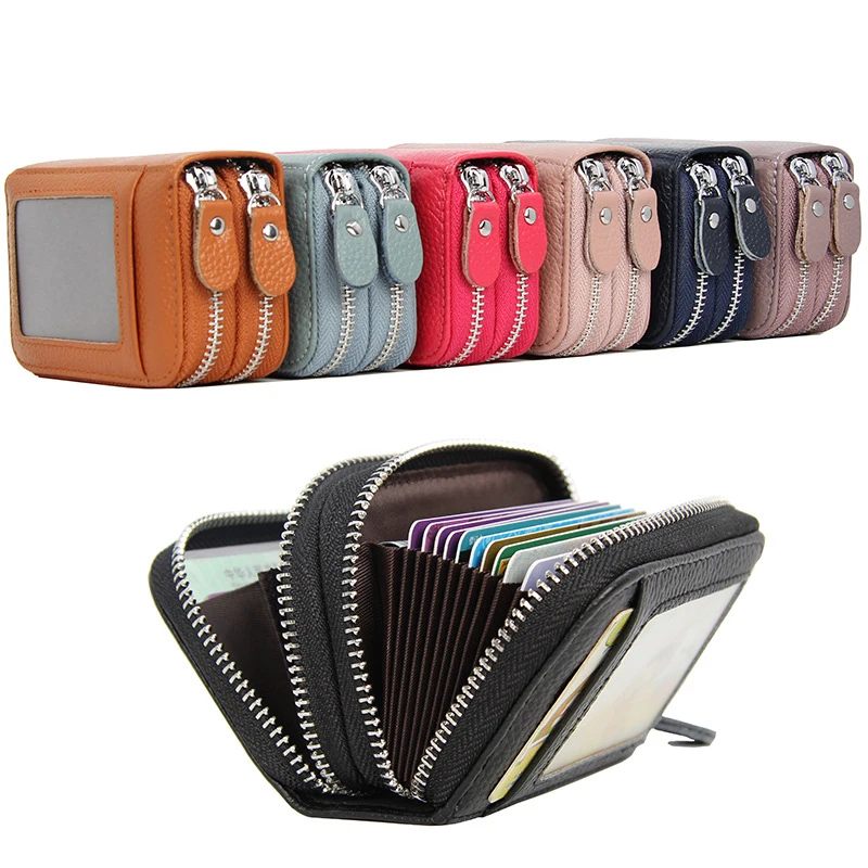 12PCS / LOT Mini Double Zipper RFID Card Holder Coin Purse Two-Layer Leather Anti-Scan Bag wholesale