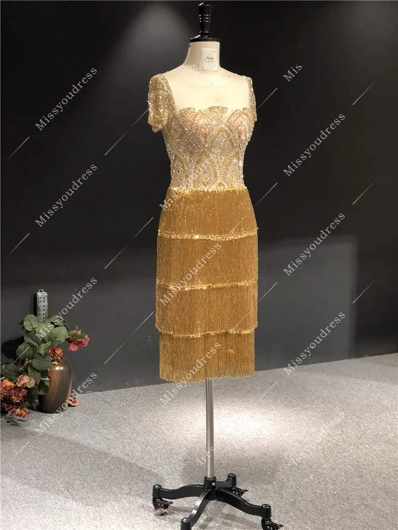 2021 Newest High Quality Luxurious Gold Tassel Heavy Beadings Square-Neck Short Sleeves Party Evening Dress