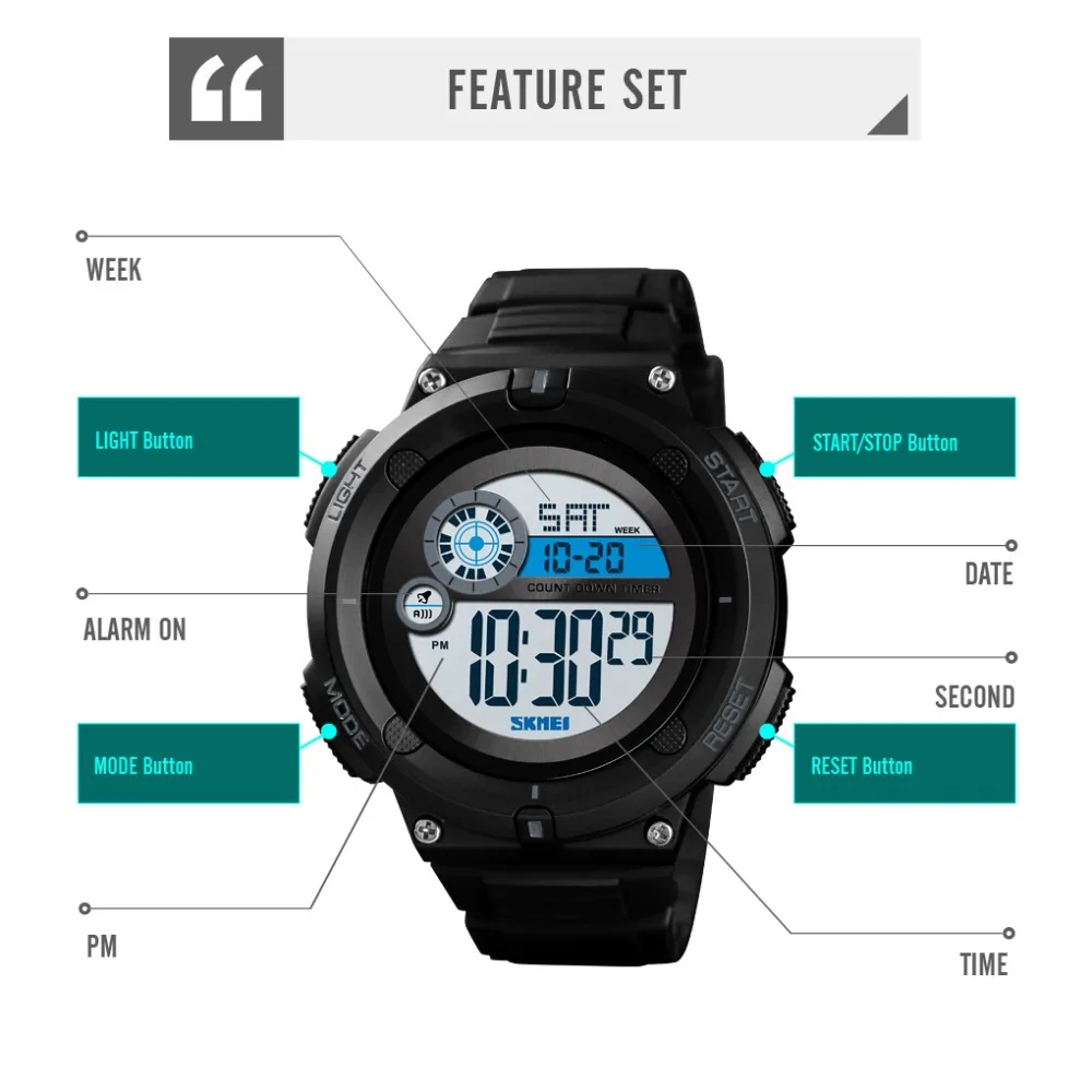 

SKMEI Outdoor Sport Watch 1481 Men's Digital Watch Week Display 2 Time 5bar Waterproof Clock Male relogios masculino