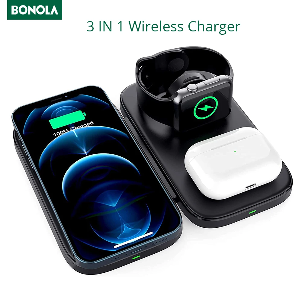 

Bonola 3 in 1 Foldable Wirelss Chargers for iPhone 13 12 11Pro Max Portable Wireless Charger for Apple Watch 7 6 5/Airpod 3 Pro