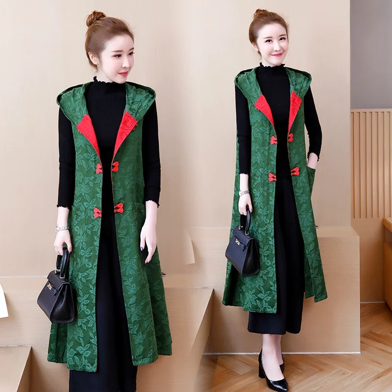 

2021 Chinese Style Trench Coats Sleeveless Embroider Long Jackets For Women Cotton Robe Vintage Femme Han Chinese Clothing