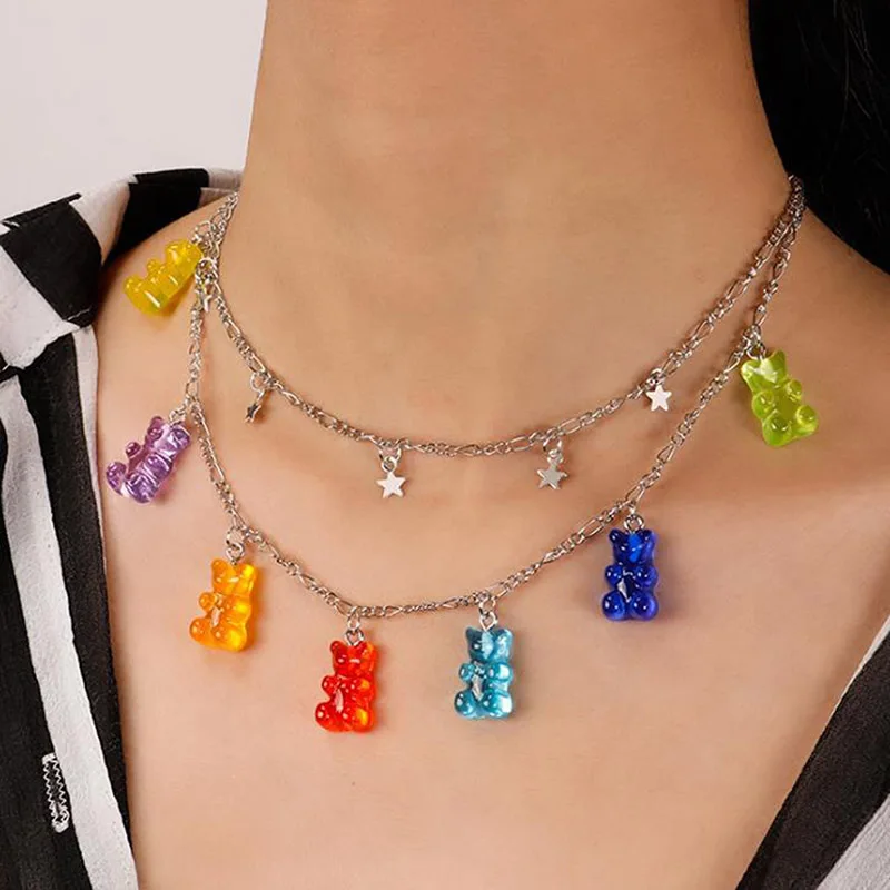 Candy Color Gummy Mini Bear Necklace For Women Christmas Gifts New Collare Star Pendants Necklaces Jewelry Femme Bijoux