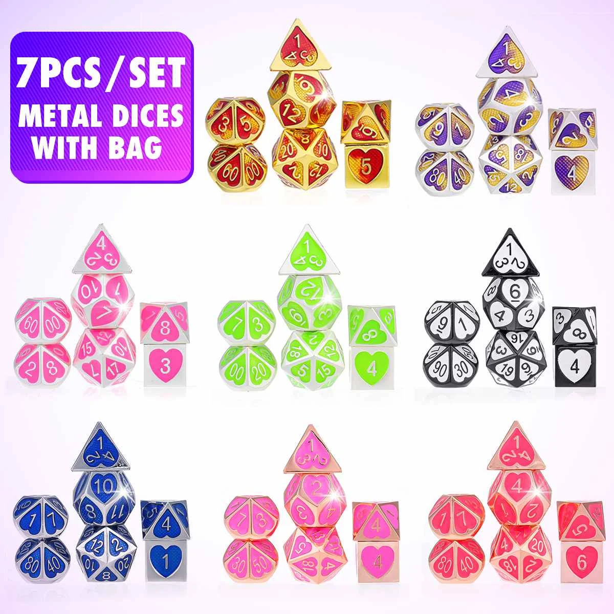 

7Pcs/Set Zinc Alloy Dice Set Polyhedral RPG Dice Metal Playing Cubes New Upscale Table Board Game Good Polishing Dices With Bag