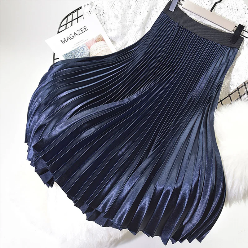 Navy Blue Qiuxuan блестящая металлическая длинная юбка женская плиссированная юбка осень зима эластичная высокая талия приталенная Повседневная Женская юбка миди - Цвет: Navy Blue