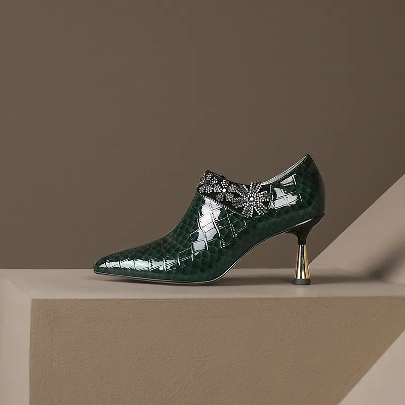 

Fashion crystal Pumps Women Genuine Leather High Heels Party Wedding Shoes Woman Pointed Toe Spring Autumn Office Pumps