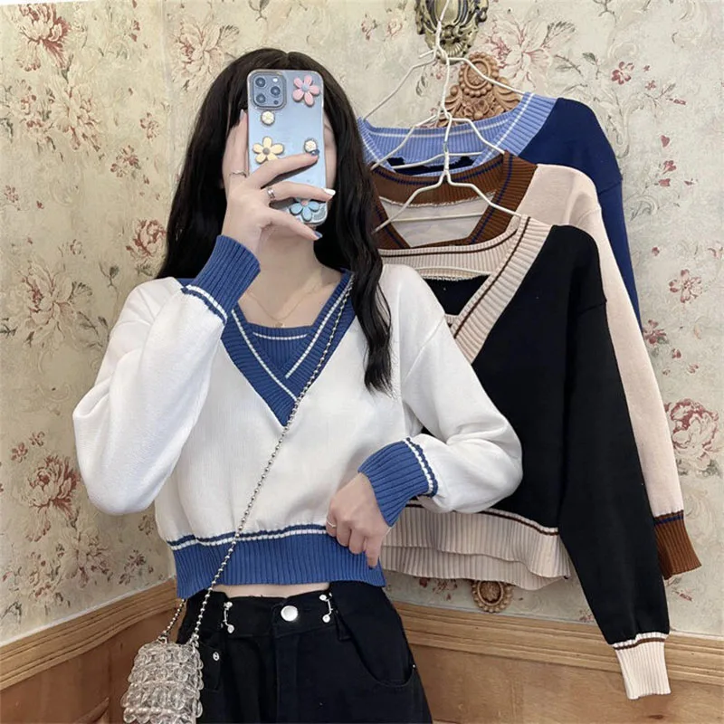 

Women Sweaters Knitted Patchwork V-neck Sweaters Pullovers Spring Long Sleeve Loose Women White Sweaters Korean Cropped Tops XL
