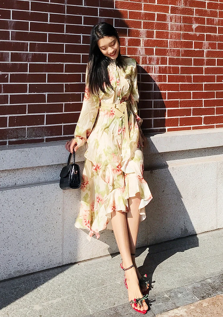 

Elegance Vintage Dress Women Summer Autumn Full Sleeve Irregular Floral Print Dress Ladies Dresses Woman Dress Vestidos SL484