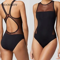 women one piece swimsuit mesh solid swimwear 2021 black sexy gauze thong backless elastic beachwear push up swimsuit suit female