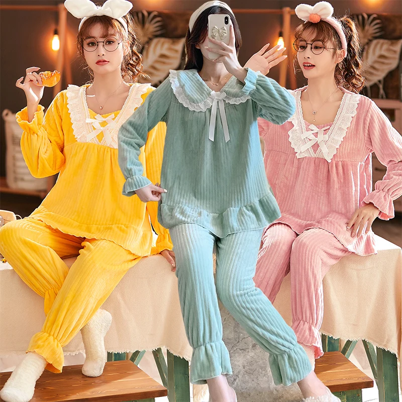 

2021 Winter Thick Warm Long Sleeve Cute Lace Flannel Pajama Sets For Women Korean Coral Velvet Sleepwear Pyjama Homewear Clothes