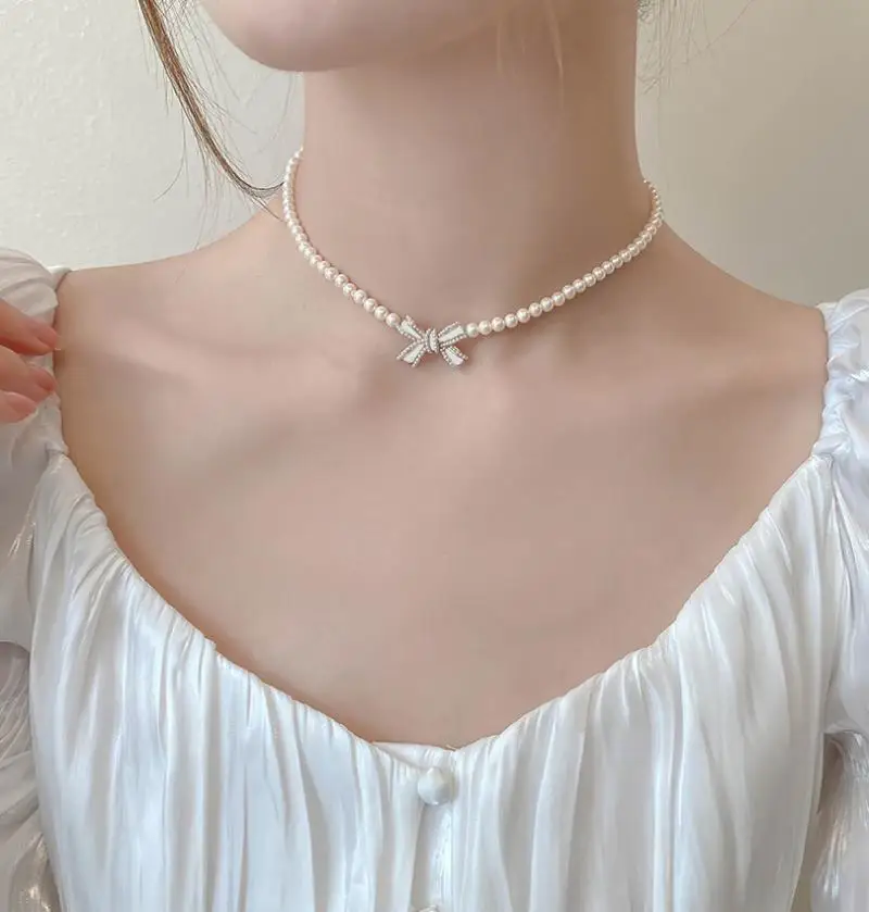 

XiaoboACC Bowknot Pearl Necklace Earrings for Women Retro Light Luxury French Fashion Clavicle Necklace Jewelry Set