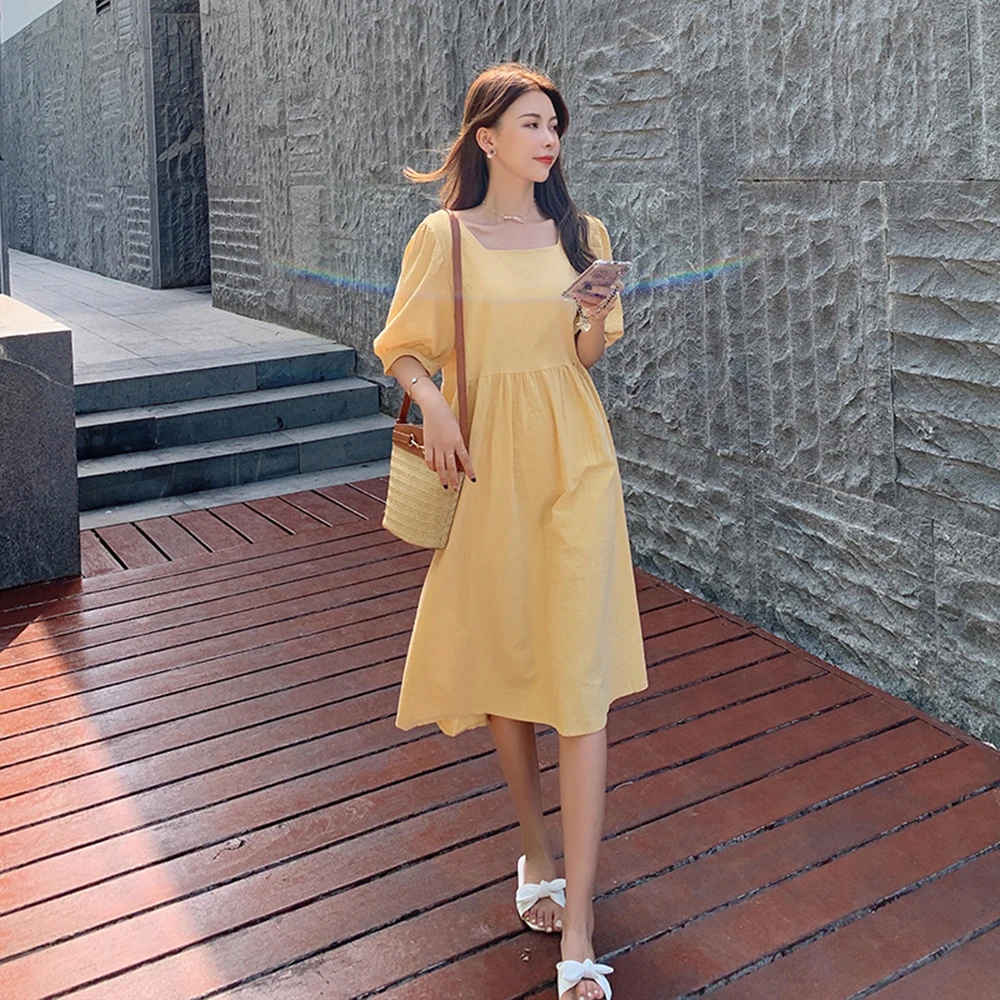 

Puff Sleeve Cotton Linen Midi Casual Women's Dresses Loose Korean Fashion Summer Dress 2021 Ladies Elegant Beach Robe Vintage