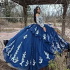 Элегантное темно-синее платье Quinceanera с белой кружевной аппликацией с длинными рукавами бальное платье с открытыми плечами 15 лет милое платье для 16 выпускного вечера
