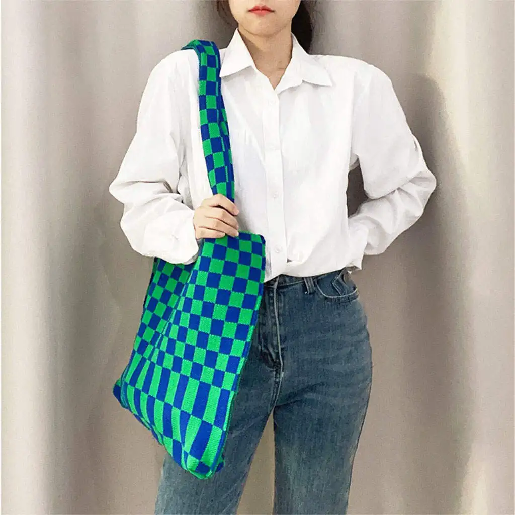 Tote Soft Simple Shopping Bag Large Capacity Casual Chic Checkerboard Women Knitted Shoulder Bag Handbag Books Bag