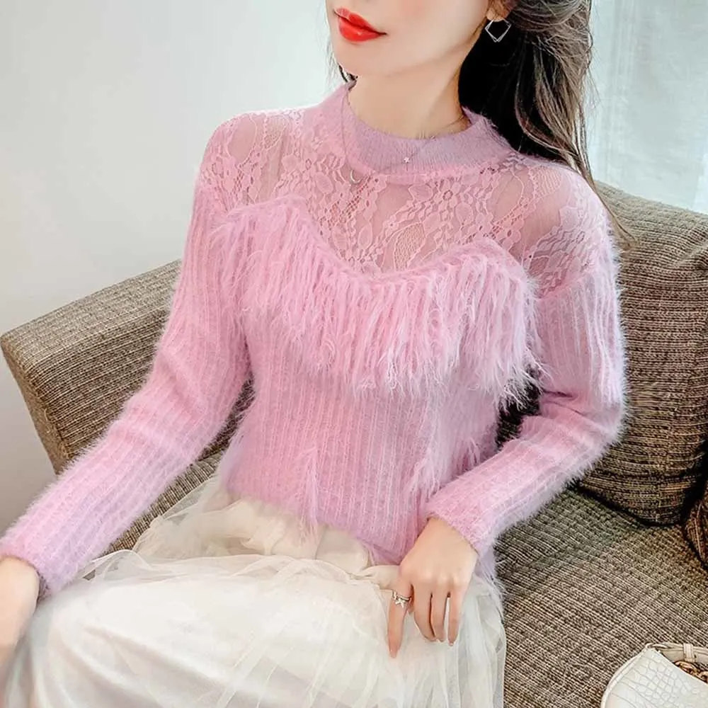 

Элегантный свитер с круглым вырезом, женский сексуальный прозрачный свитер с длинными рукавами, трикотажа, женские свитера, пуловер, Топ