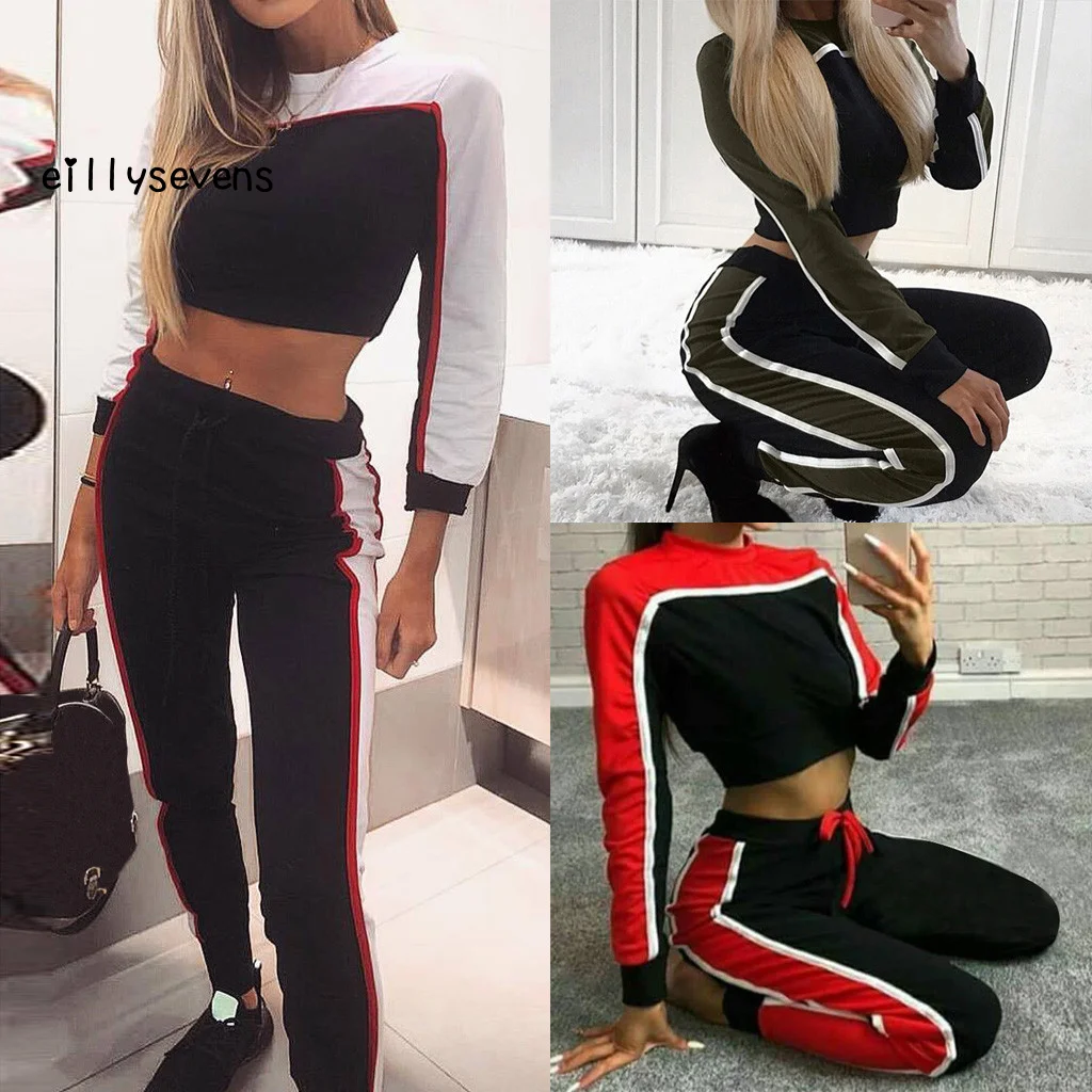 

Tracksuit Women Two Piece Set Long Sleeve Splice Bandage Round Neck Crop Tops Drawstring Pants Set Stacked Sweatpants#ei#g30
