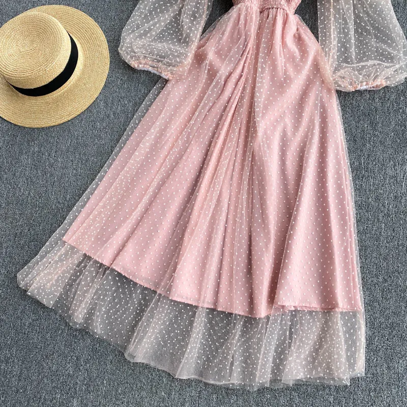 

Women Puff Sleeve Mesh Dress 2021 New Spring Summer Dot Lace Korean Dresses Ladies Elegnat French Midi Dress Sweet Long Robe
