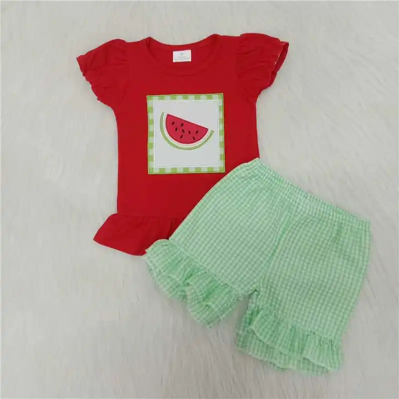 

Wholesale Baby Boy Summer Watermelon Tractor Clothing White Embroidery Truck Shirt Red Plaid Shorts Children Kids Set Outfit