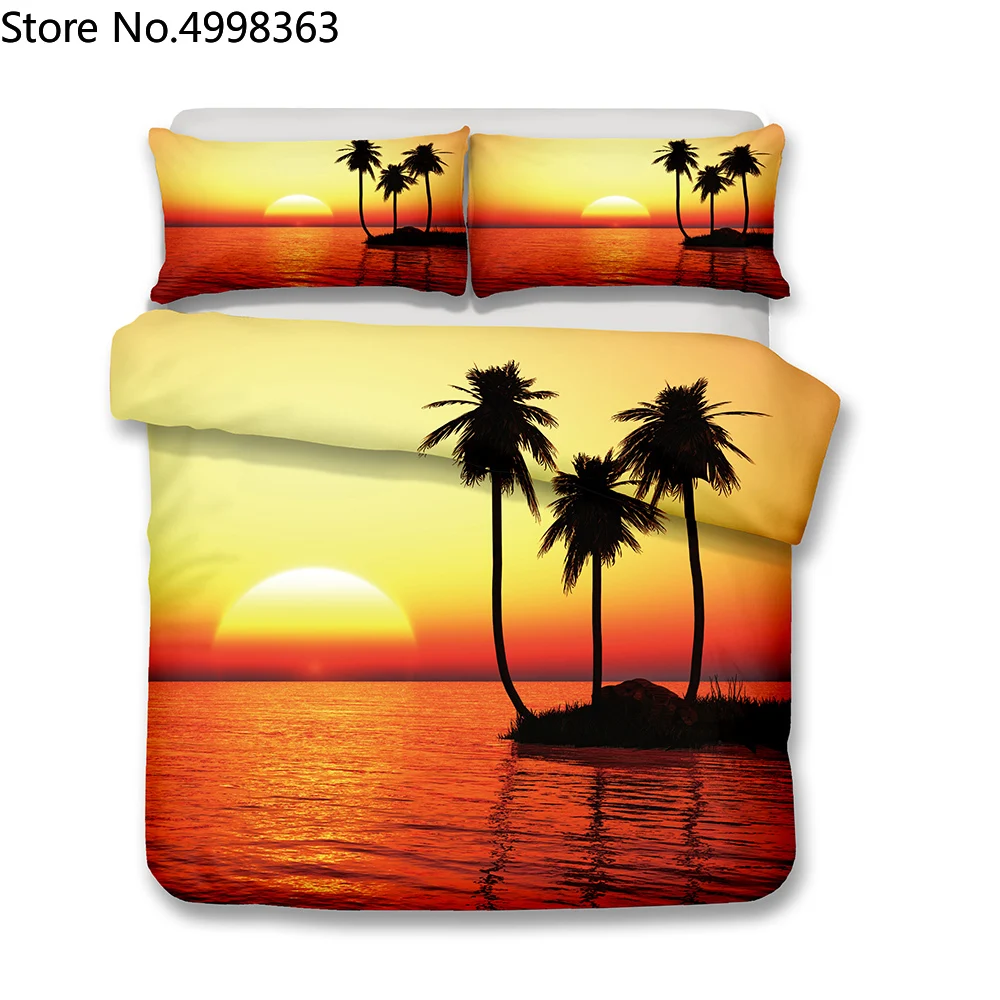 Тропический пляж остров Пальма дерево Золотое свечение микрофибра постельные