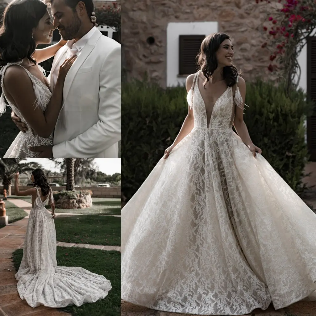 

Богемное новейшее свадебное платье 2020 с кисточками А-линия пляжные свадебные платья Глубокий v-образный вырез кружева аппликация кантри са...