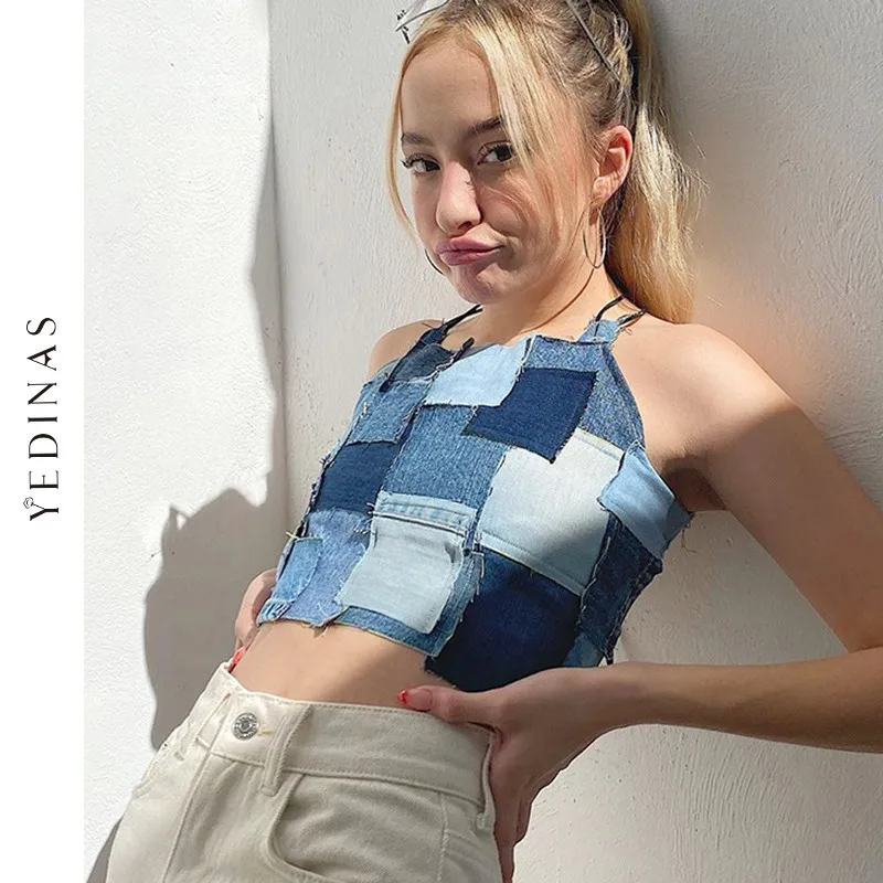 

Винтажная Футболка Yedinas, Женский Топ без рукавов, повседневный топ на бретелях, уличная одежда в стиле пэчворк, короткий топ с открытой спино...