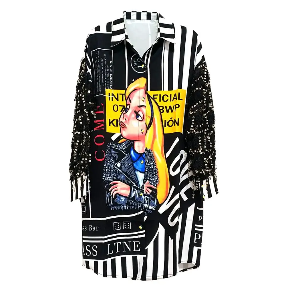 Женские Длинные свободные рубашки с блестками и кисточками шикарные мультяшным