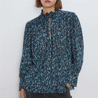 long flare sleeve office wear women chic floral pattern print blouse ruffed collar female casual shirt top blusas