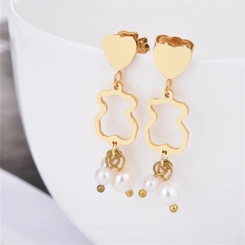 

New Fashion Bear Pendant Love Earrings Women's Pearl Heart Earrings Jewelry Mother's Day Gifts