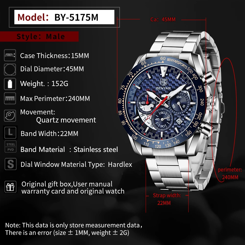 

BENYAR DESIGN 2021 New Stainless Steel Men's Watch Luxury Waterproof Sports Men's Quartz Watch Chronograph Military Watch Clock