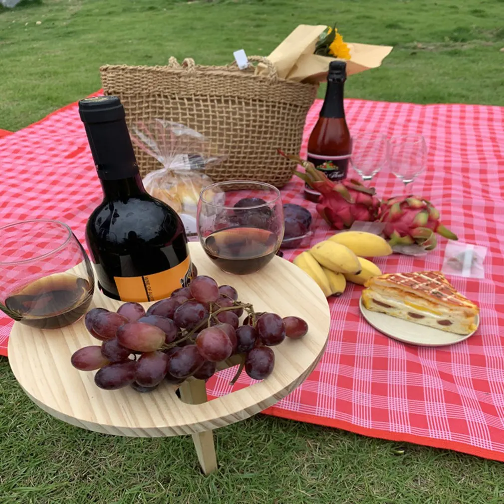 

Outdoor Portable Foldable Wine Table with Round Desktop Mini Wooden Easy To Carry Barbecue Rack Picnic Party Travel Tools